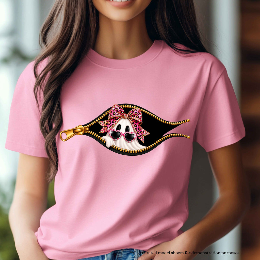 Peek-A-Boo Glam Ghost T-Shirt| Pink Leopard Halloween Design