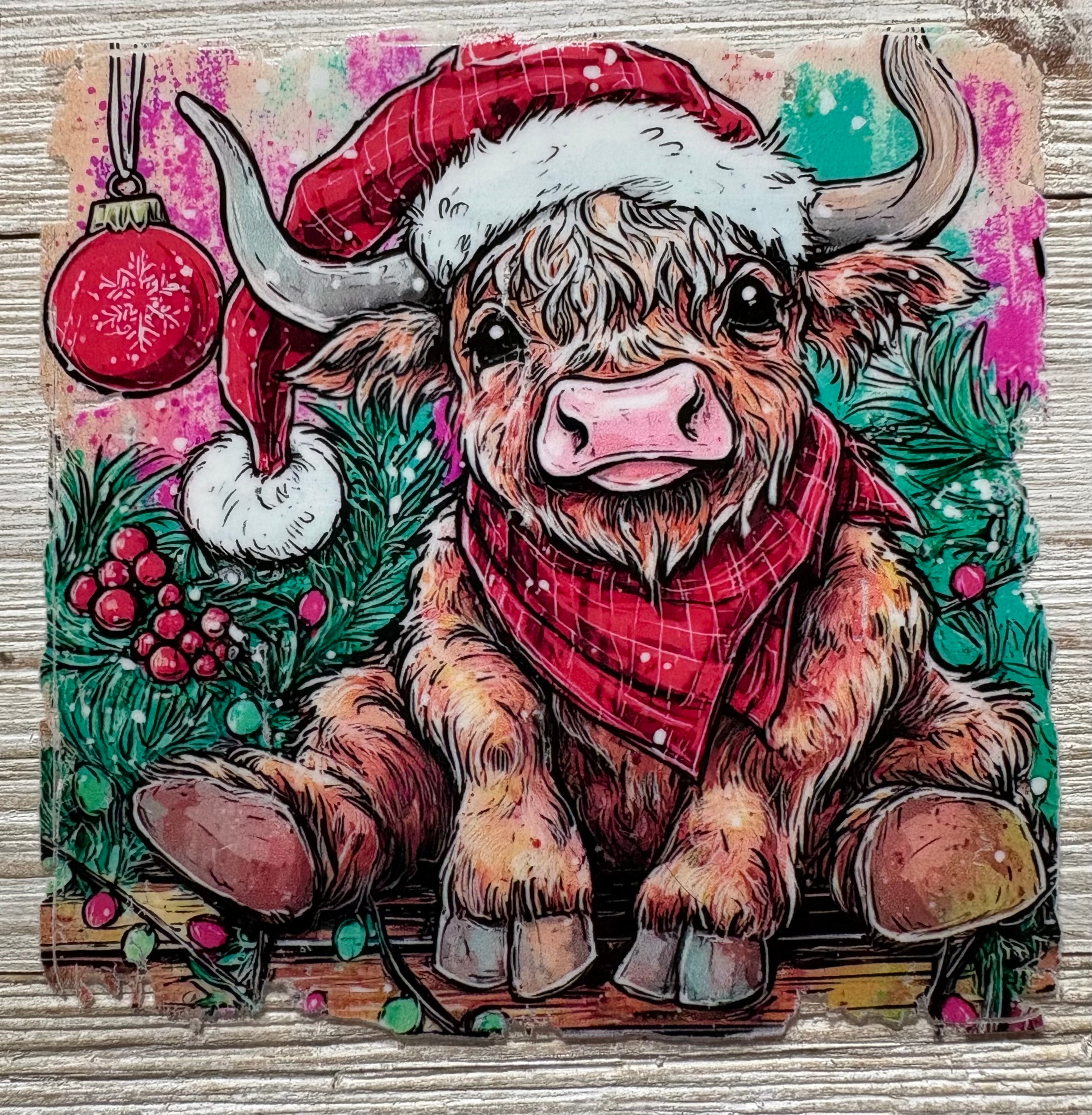 Christmas Highland Cow 4” UVDTF Print