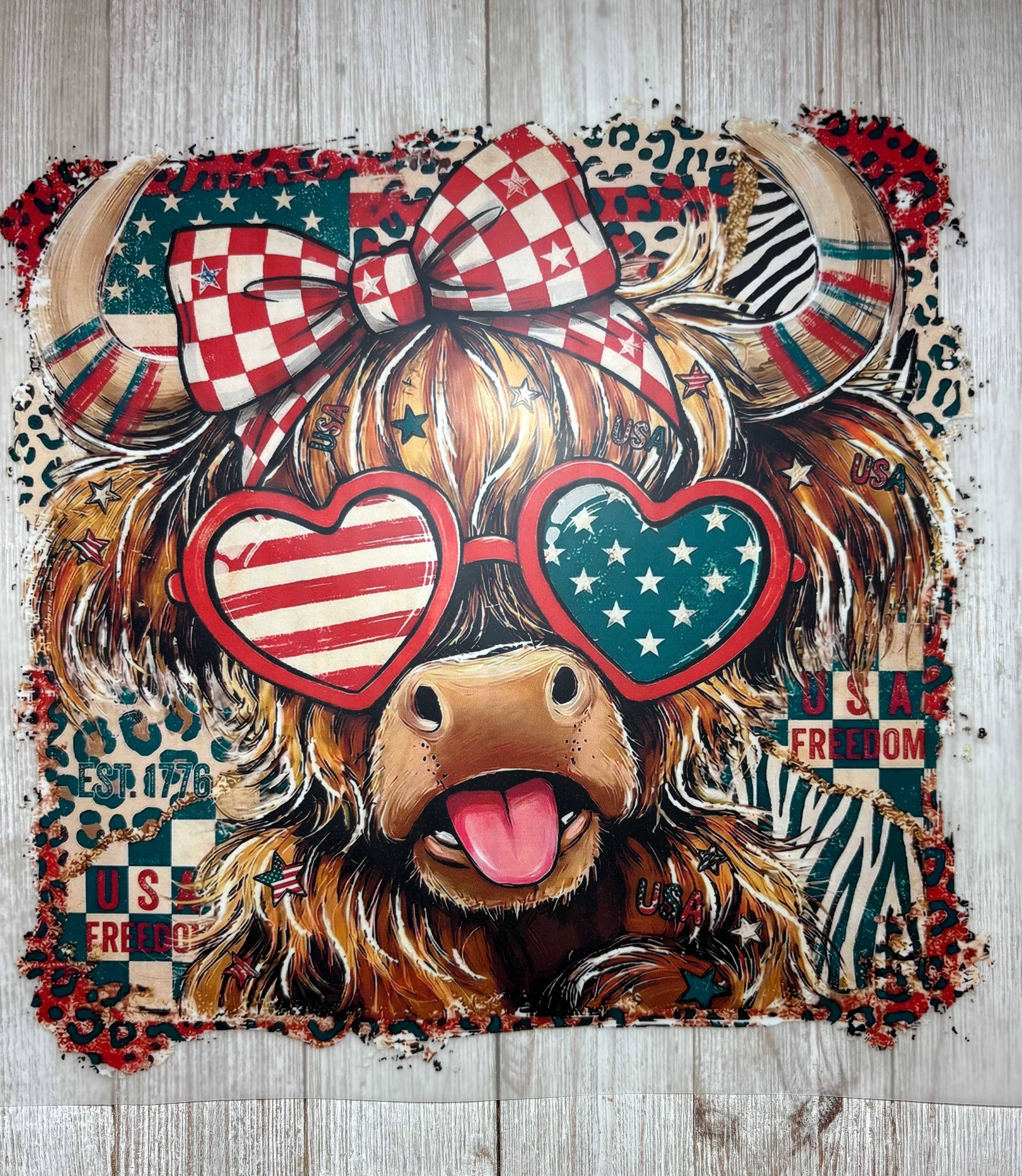 Patriotic Cow with Glasses 4th of July DTF Pront